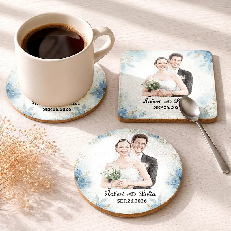Art Design, Custom Photo, Romantic, Gift For Couples, Wedding, Photo - Watercolor - Remove BG - Custom Photo Realistic Watercolor Art Happy Wedding Couple Romantic - Personalized Cork Coaster