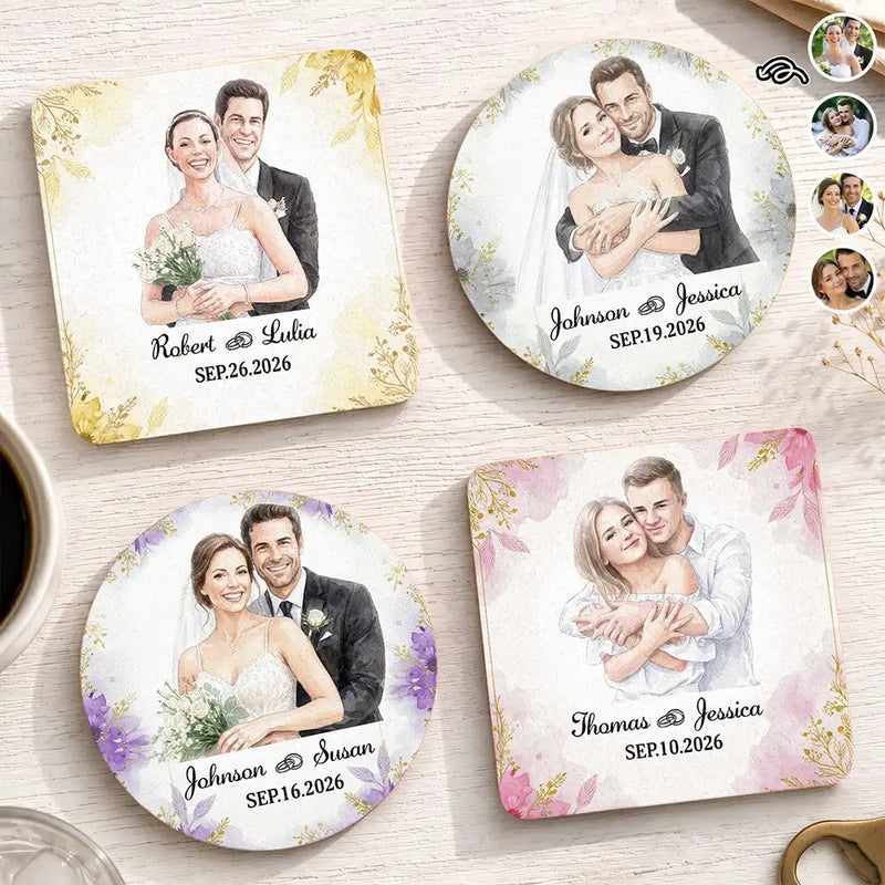 Art Design, Custom Photo, Romantic, Gift For Couples, Wedding, Photo - Watercolor - Remove BG - Custom Photo Realistic Watercolor Art Happy Wedding Couple Romantic - Personalized Cork Coaster