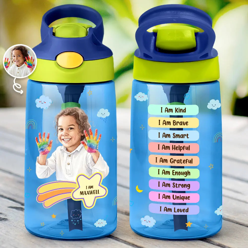 Back To School, Custom Photo, Art Design, Parents, Adorable, Photo - Watercolor - Remove BG - Custom Photo Realistic Watercolor Art I Am Affirmations - Personalized Kids Water Bottle With Straw
