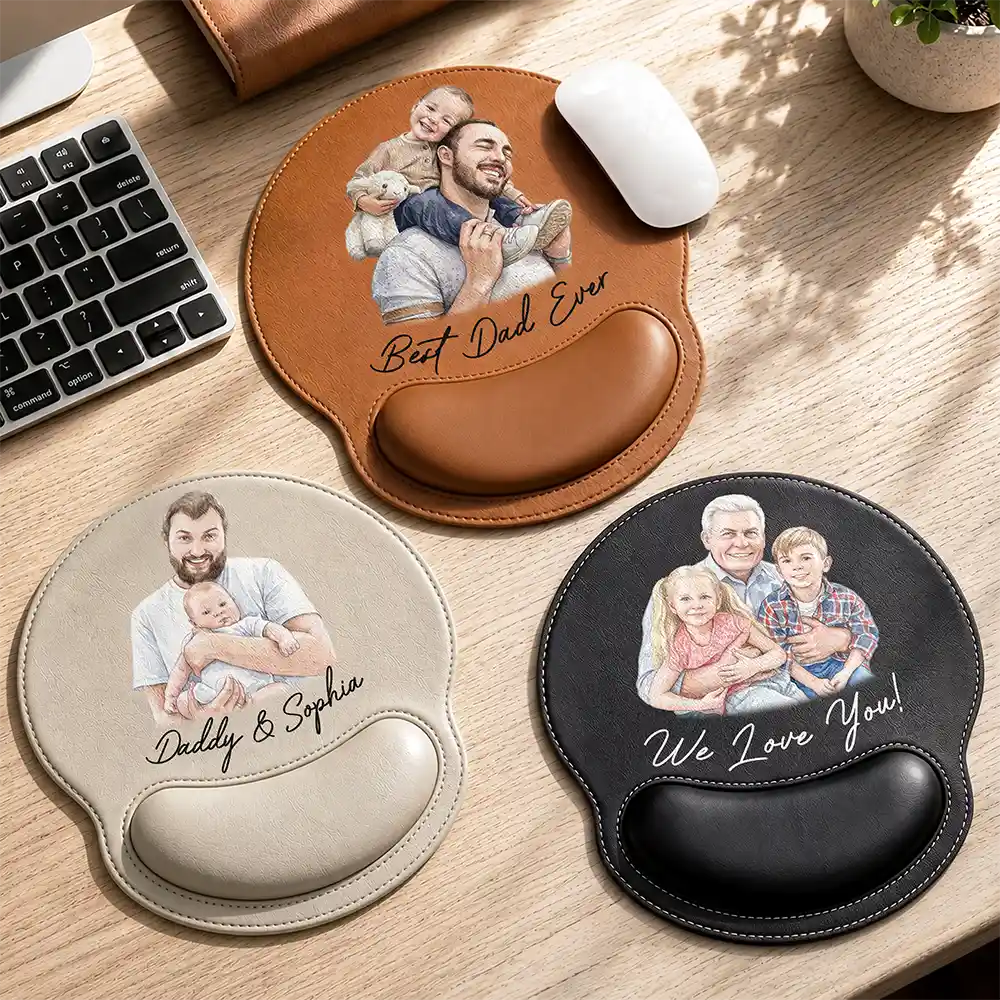Gift For Father,Custom Photo,Art Design,Sentimental,Photo - Watercolor - Remove BG - Custom Photo Realistic Watercolor Art I Love You Daddy Papa - Personalized Leather Mouse Pad