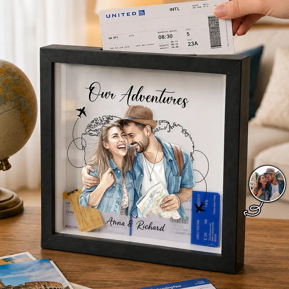 Custom Photo, Art Design, Summer, Gift For Couples, Top Market, Romantic, Photo - Watercolor - Remove BG - Custom Photo Realistic Watercolor Art Our Adventures Couple - Personalized Ticket Memory Box