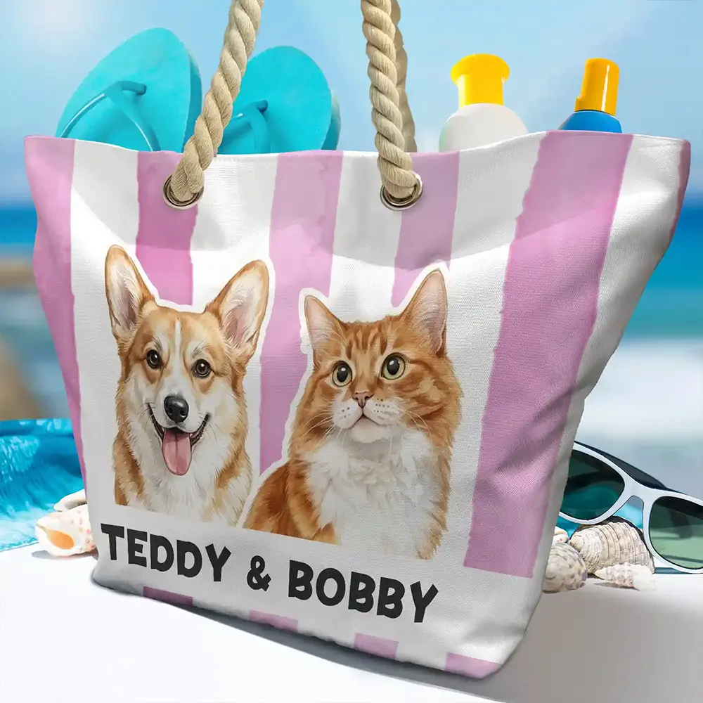 Custom Photo,Art Design,Summer,Pet Mom,Pet Lovers,Gift For Mother,Playful,Photo - Watercolor - Remove BG - Custom Photo Realistic Watercolor Art Pet Portrait Pet Mom - Personalized Beach Bag