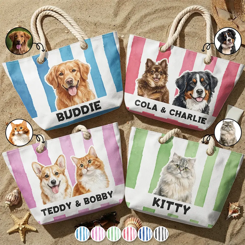 Custom Photo,Art Design,Summer,Pet Mom,Pet Lovers,Gift For Mother,Playful,Photo - Watercolor - Remove BG - Custom Photo Realistic Watercolor Art Pet Portrait Pet Mom - Personalized Beach Bag