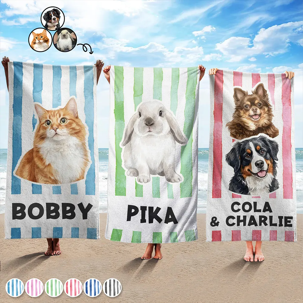 Custom Photo Realistic Watercolor Art Pet Portrait Pet Mom - Personalized Beach Towel