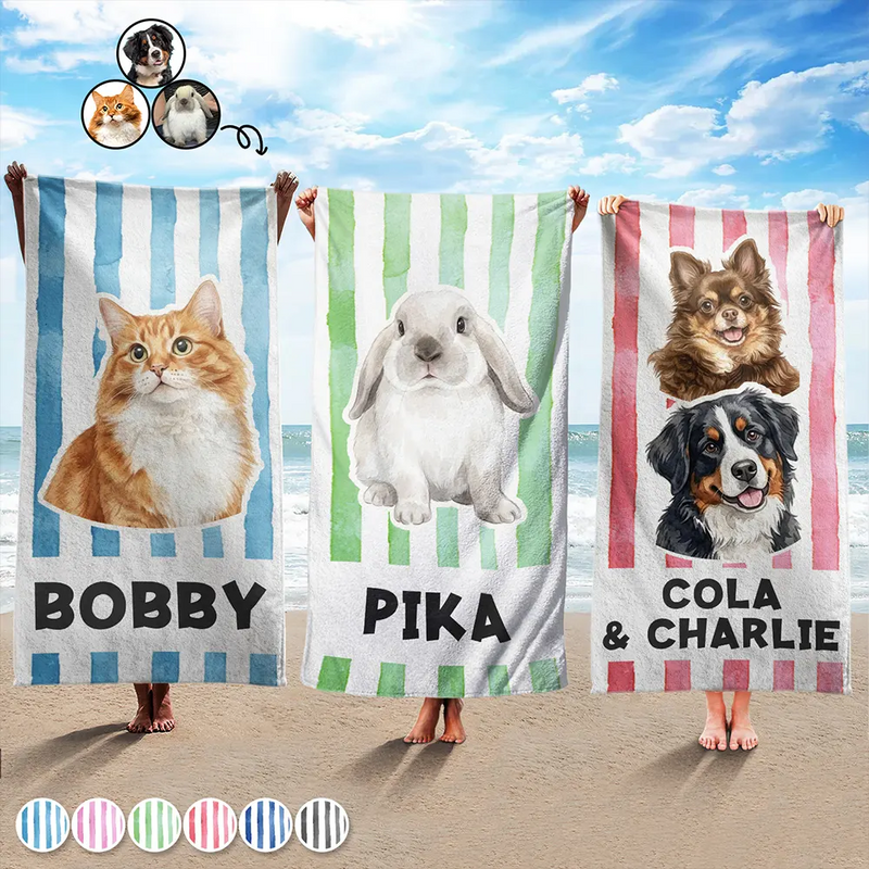 Custom Photo, Art Design, Summer, Pet Mom, Pet Lovers, Gift For Mother, Playful, Photo - Watercolor - Remove BG - Custom Photo Realistic Watercolor Art Pet Portrait Pet Mom - Personalized Beach Towel