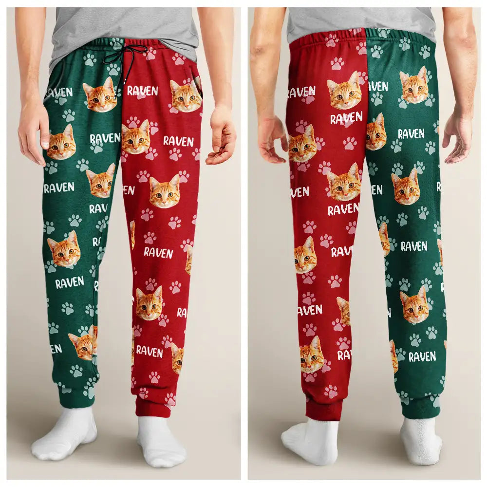 Funny,Pet Lovers,Custom Photo - Custom Photo Red Green Pet Face - Personalized Pajama Pants