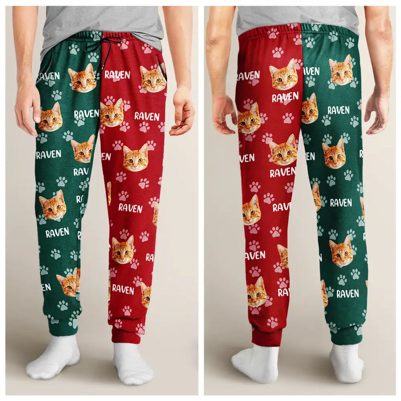 Funny,Pet Lovers,Custom Photo - Custom Photo Red Green Pet Face - Personalized Pajama Pants