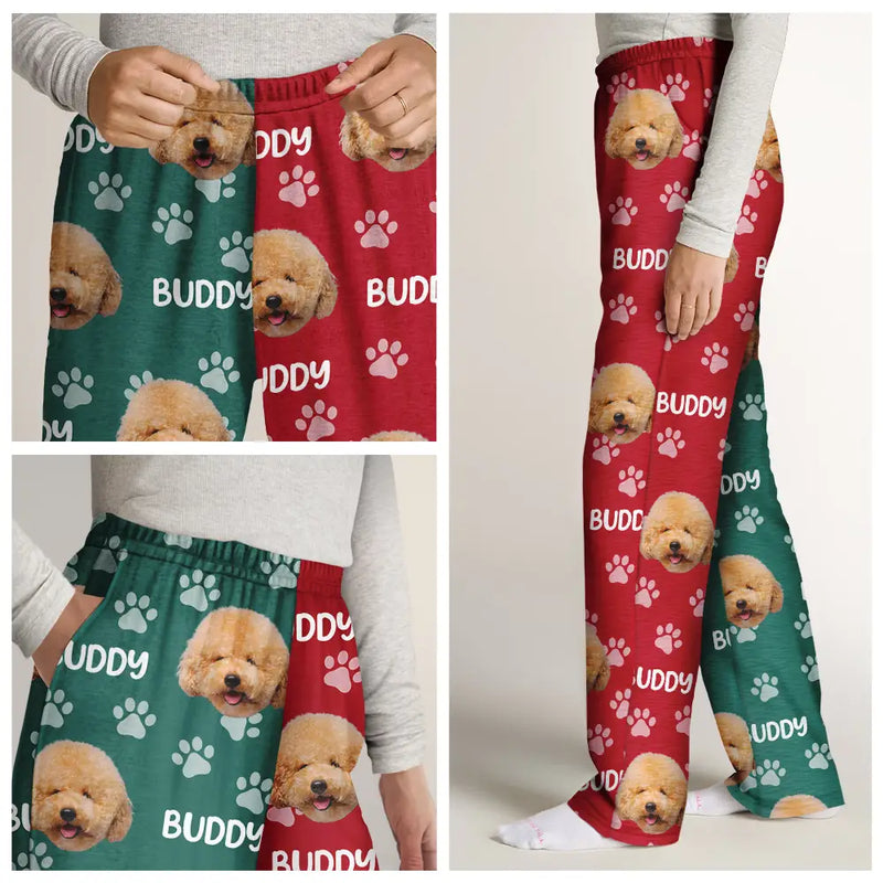 Funny,Pet Lovers,Custom Photo - Custom Photo Red Green Pet Face - Personalized Pajama Pants