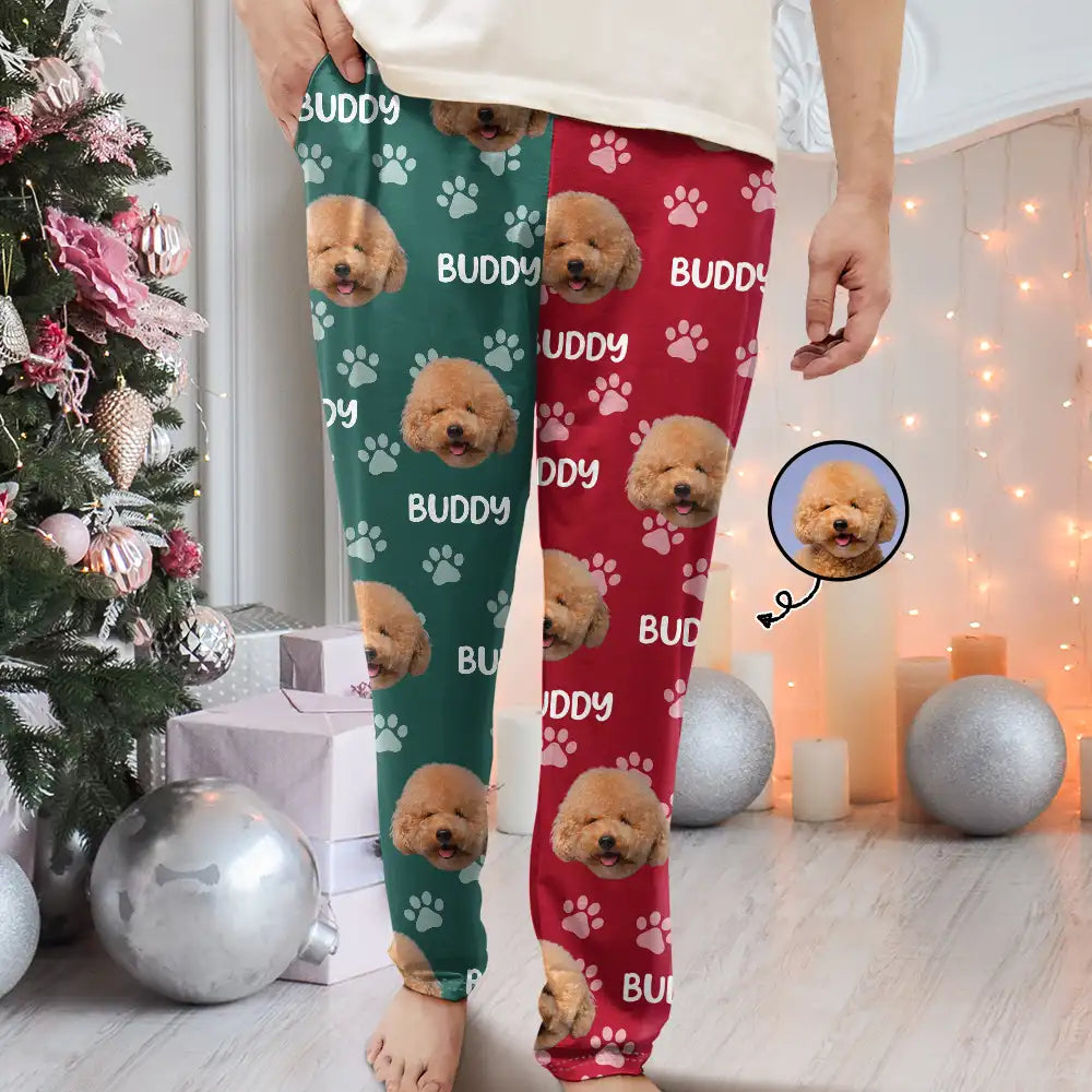 Funny,Pet Lovers,Custom Photo - Custom Photo Red Green Pet Face - Personalized Pajama Pants