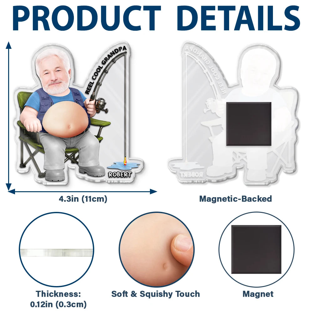 Gift For Father,Custom Photo,Fishing,Humorous,Cut-Face Photo - Custom Photo Reel Cool Dad Bod - Personalized Squishy Acrylic Fridge Magnet