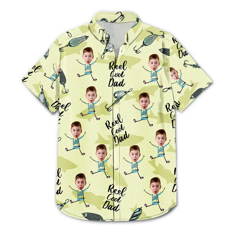Gift For Father,Funny,Custom Photo,Fishing - Custom Photo Reel Cool Dad Dancing Kids - Personalized Hawaiian Shirt