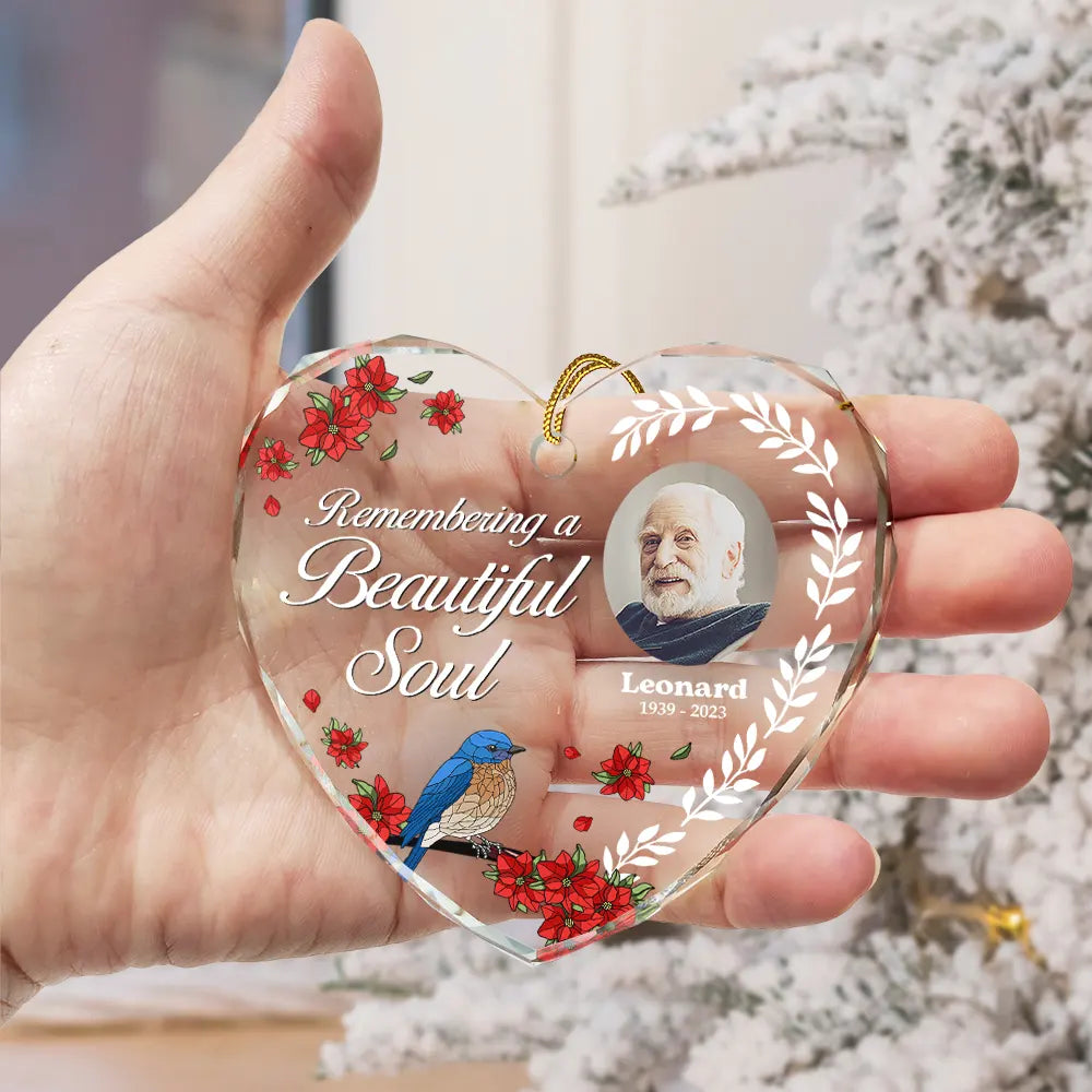 Gift For Wife,Gift For Women,Gift For Men,Gift For Husband,Christmas,Love,Gift For Daughter,Gift For Son,Gift For Mother,Gift For Father,Family,Custom Photo - Custom Photo Remembering A Beautiful Soul - Personalized Heart Shaped Glass Ornament