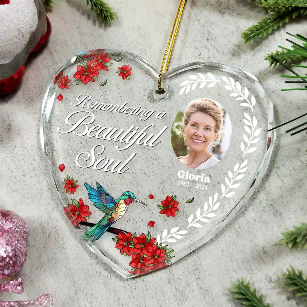Gift For Wife,Gift For Women,Gift For Men,Gift For Husband,Christmas,Love,Gift For Daughter,Gift For Son,Gift For Mother,Gift For Father,Family,Custom Photo - Custom Photo Remembering A Beautiful Soul - Personalized Heart Shaped Glass Ornament
