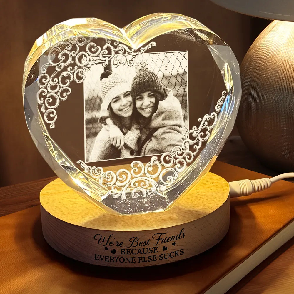Gift For Bestie,Old Best friends,Gift For Sisters,Happy - Custom Photo Right In The Throat Bestie - Personalized Crystal Heart Shaped Lamp