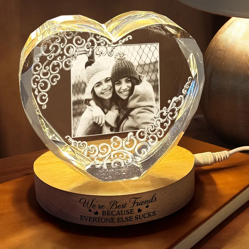 Gift For Bestie,Old Best friends,Gift For Sisters,Happy - Custom Photo Right In The Throat Bestie - Personalized Crystal Heart Shaped Lamp