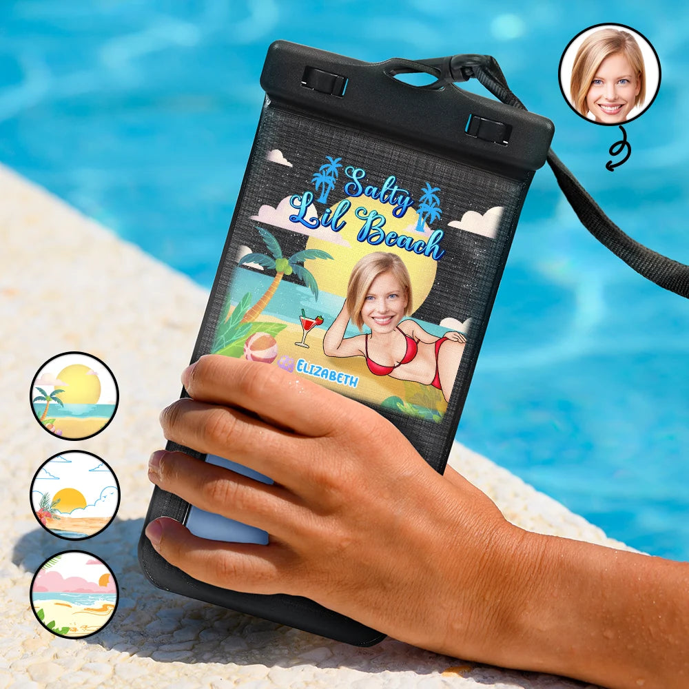 Gift For Women, Summer, Beach, Travel, Happy - Custom Photo Salty Lil Beach - Personalized Waterproof Phone Pouch