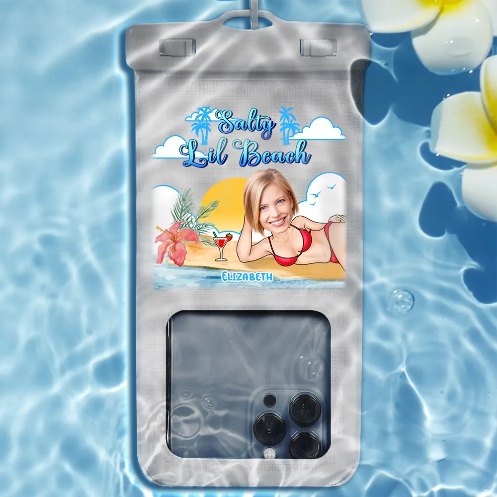 Gift For Women, Summer, Beach, Travel, Happy - Custom Photo Salty Lil Beach - Personalized Waterproof Phone Pouch