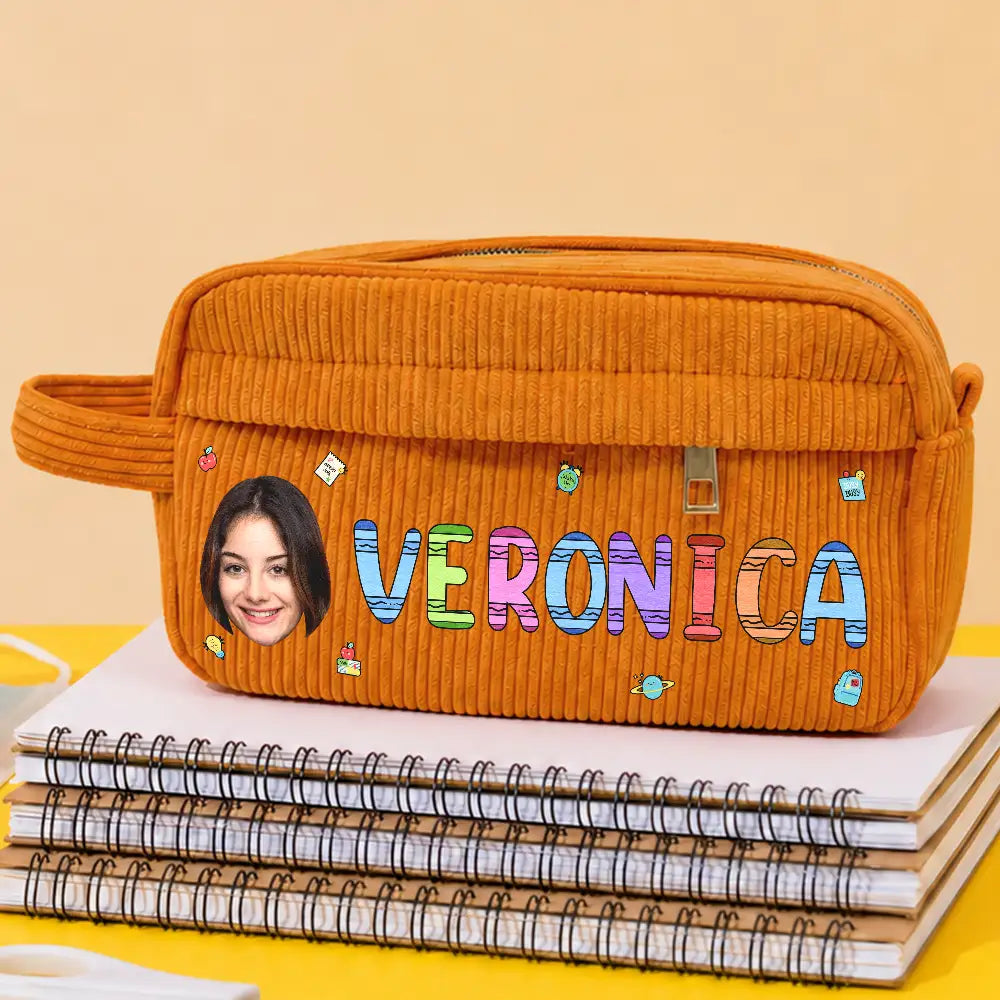 Back To School, Custom Photo, Gift For Kids, Confident, Cut-Face Photo - Custom Photo School Kids' Back To School - Personalized Corduroy Pencil Case