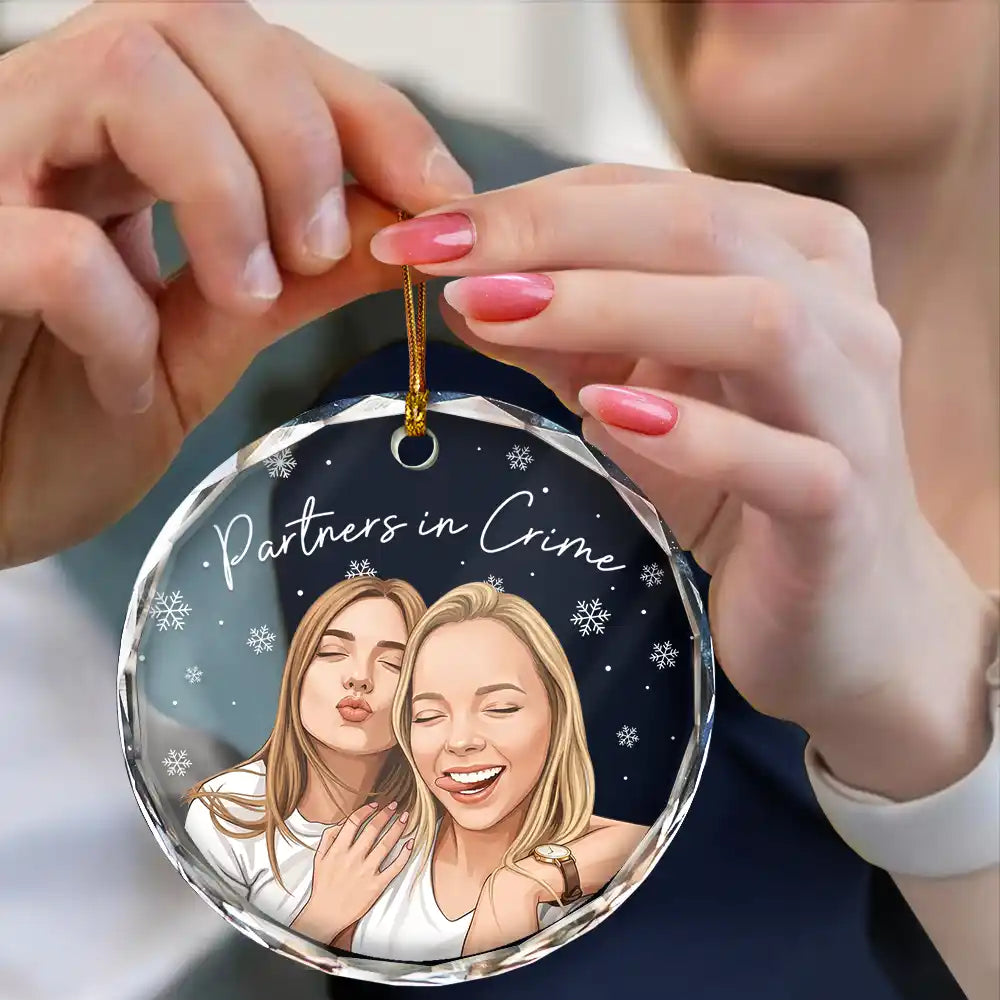 Art Design,Gift For Bestie,Christmas,Photo - Semi Realistic Portrait,Happy - Custom Photo Semi Realistic Portrait Besties Forever - Personalized Circle Glass Ornament
