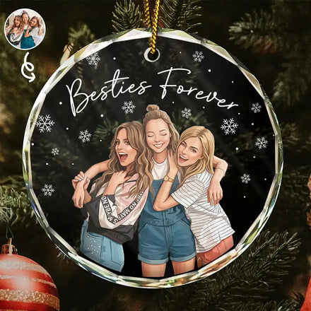 Custom Photo Semi Realistic Portrait Besties Forever - Personalized Circle Glass Ornament