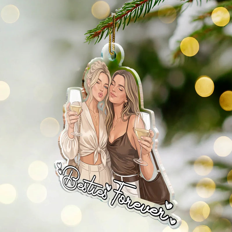 First Christmas,Art Design,Gift For Bestie,Playful,Christmas,Photo - Semi Realistic Portrait - Custom Photo Semi Realistic Portrait Besties Friend Forever Together - Personalized Custom Shaped Acrylic Ornament