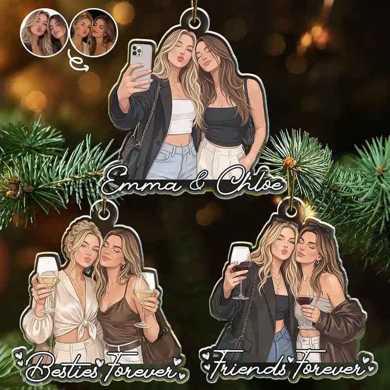 First Christmas,Art Design,Gift For Bestie,Playful,Christmas,Photo - Semi Realistic Portrait - Custom Photo Semi Realistic Portrait Besties Friend Forever Together - Personalized Custom Shaped Acrylic Ornament