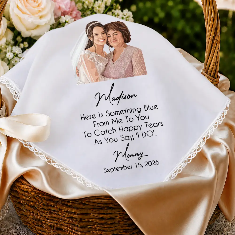 Art Design,Sentimental,Gift For Children,Gift For Daughter,Wedding,Photo - Semi Realistic Portrait,Custom Text - Custom Photo Semi Realistic Portrait Blue Wedding Bride Daughter - Personalized Handkerchief