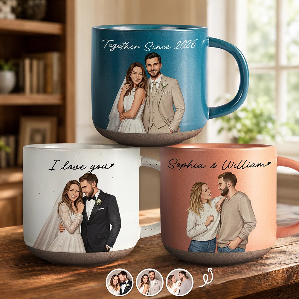 Custom Photo Semi Realistic Portrait Couple I Love You - Personalized Pottery Mug