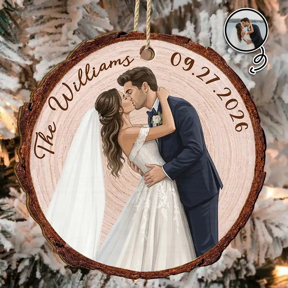 Custom Photo Semi Realistic Portrait Couple Romantic Portrait - Personalized Custom Shaped Wooden Ornament