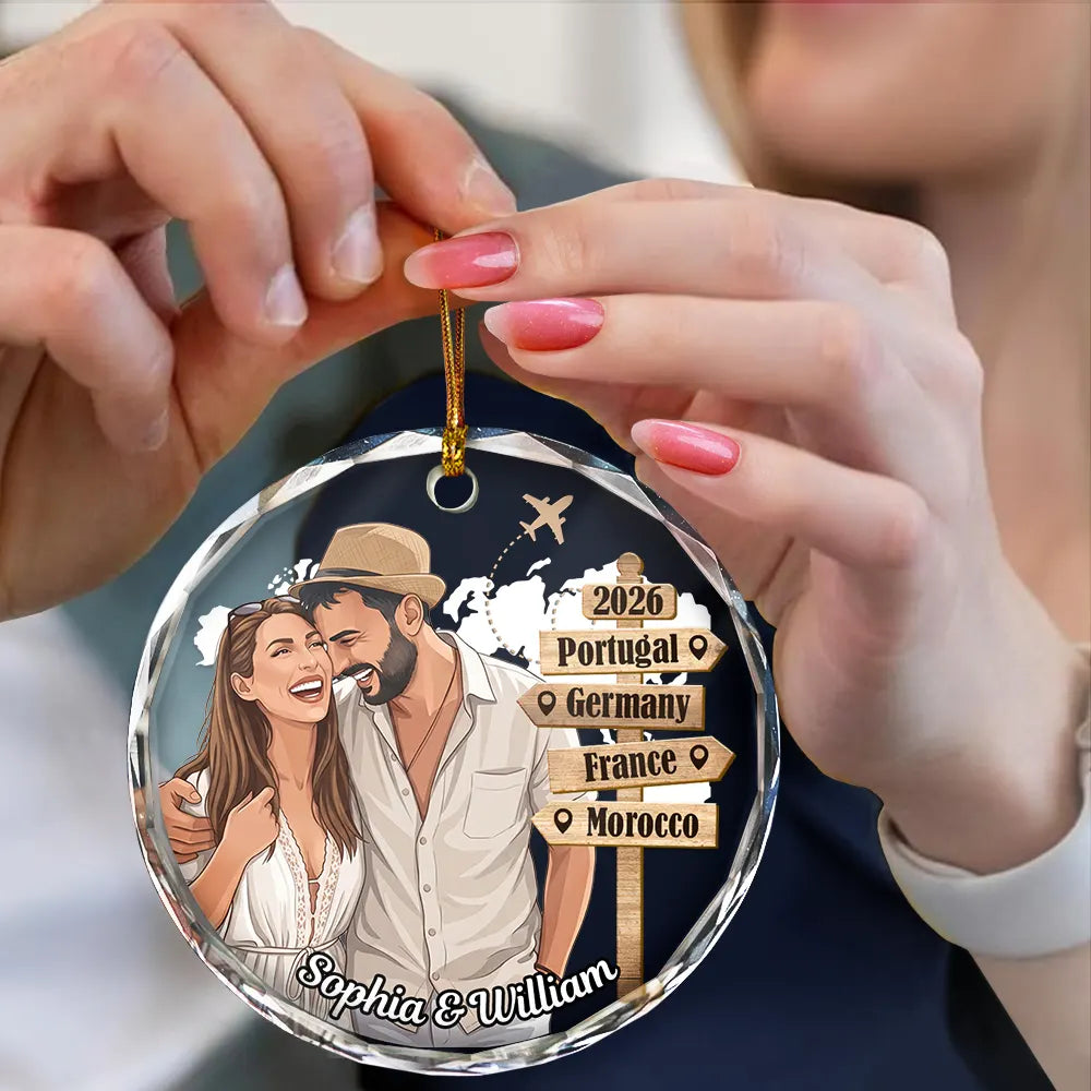 Travel,Art Design,Christmas,Romantic,Gift For Couples,Photo - Semi Realistic Portrait - Custom Photo Semi Realistic Portrait Couple Travel Memories - Personalized Circle Glass Ornament
