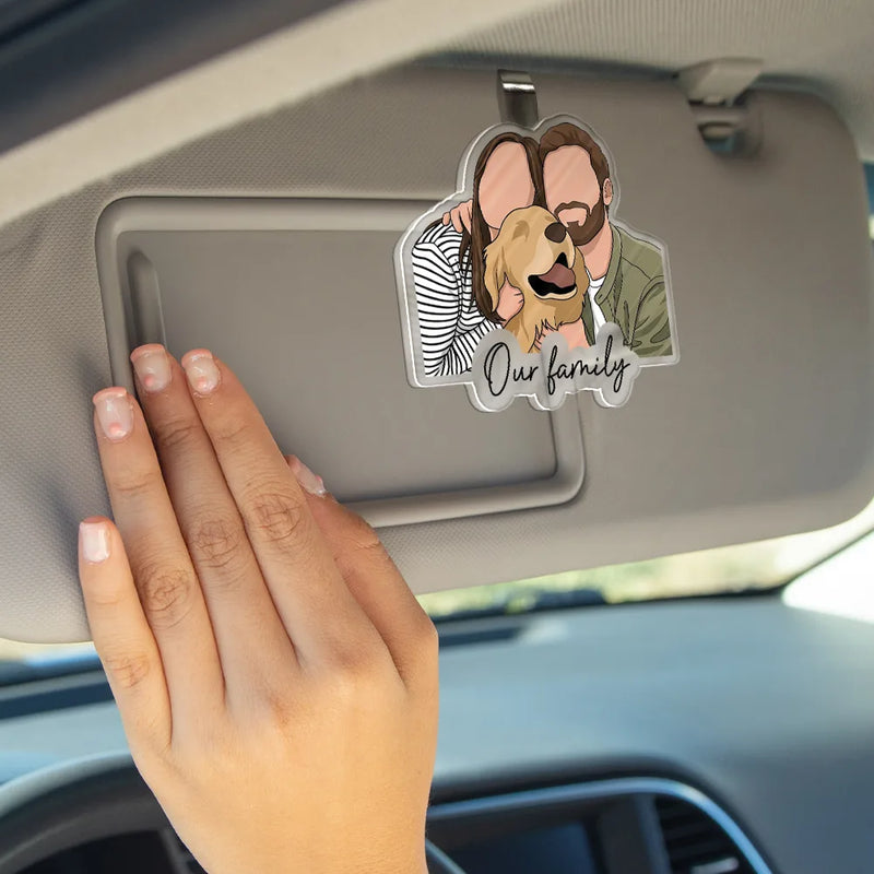 Custom Photo, Art Design, Family, Adorable, Photo - Semi Realistic Portrait - Custom Photo Semi Realistic Portrait Family Couple Pet Lovers Portrait - Personalized Custom Shaped Acrylic Car Visor Clip