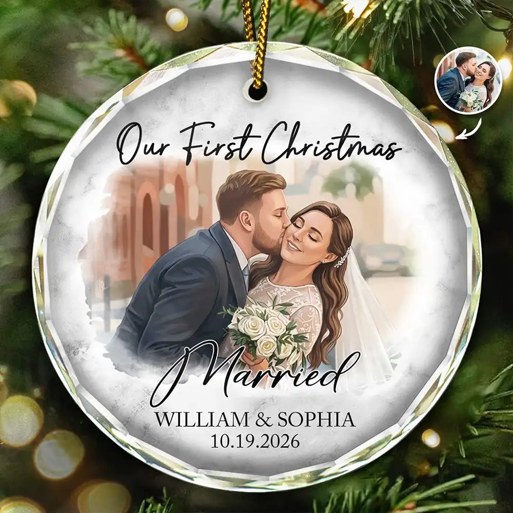 Custom Photo Semi Realistic Portrait First Christmas As Mr & Mrs Couples - Personalized Glass Ornament
