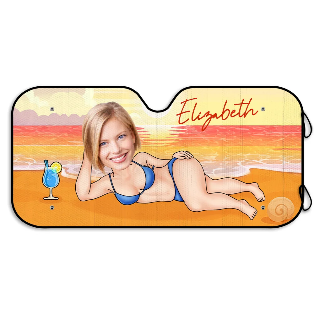 Gift For Yourself, Gift For Women, Gift For Men, Beach, Summer, Happy - Custom Photo Sexy Woman Man At The Beach - Personalized Auto Sunshade
