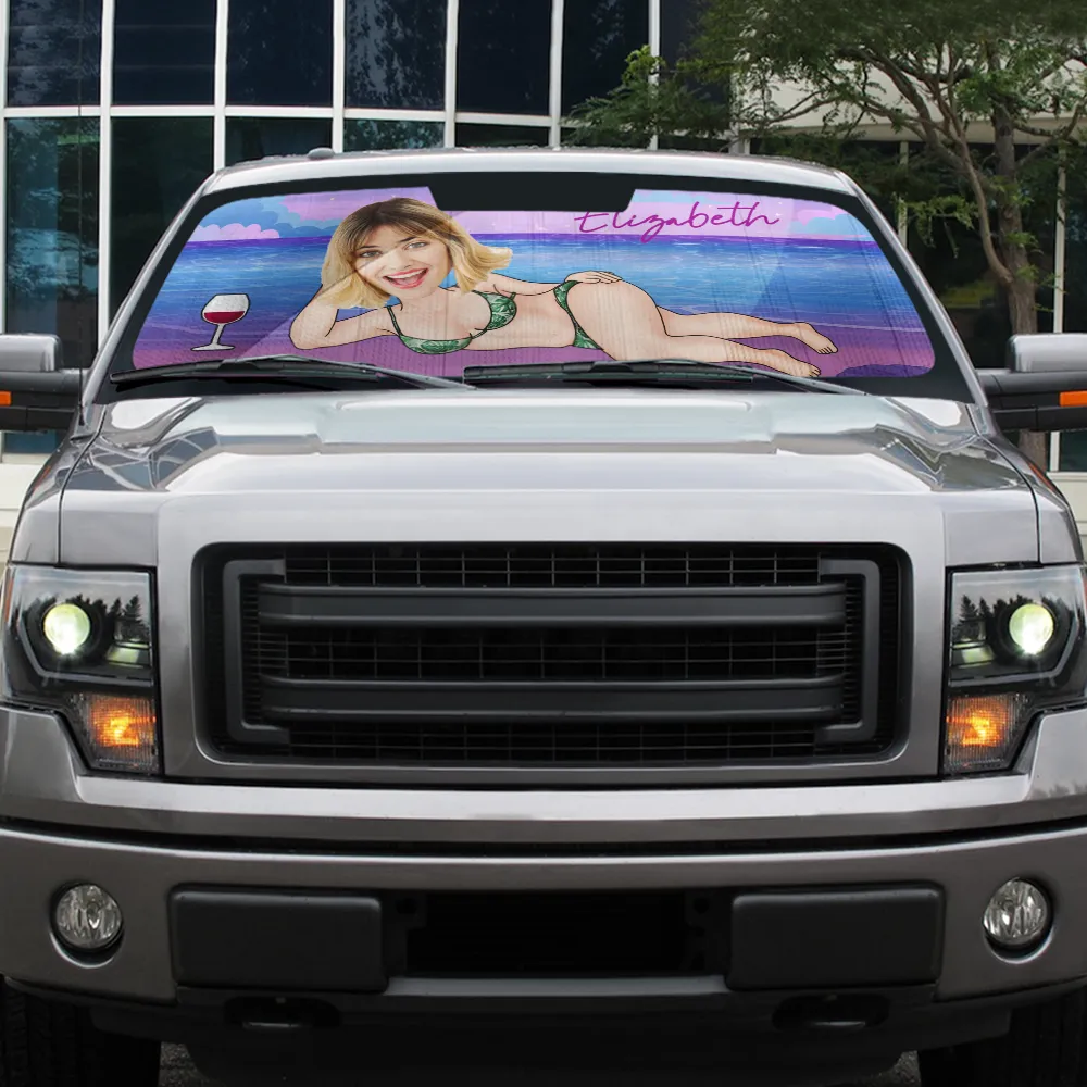 Gift For Yourself, Gift For Women, Gift For Men, Beach, Summer, Happy - Custom Photo Sexy Woman Man At The Beach - Personalized Auto Sunshade