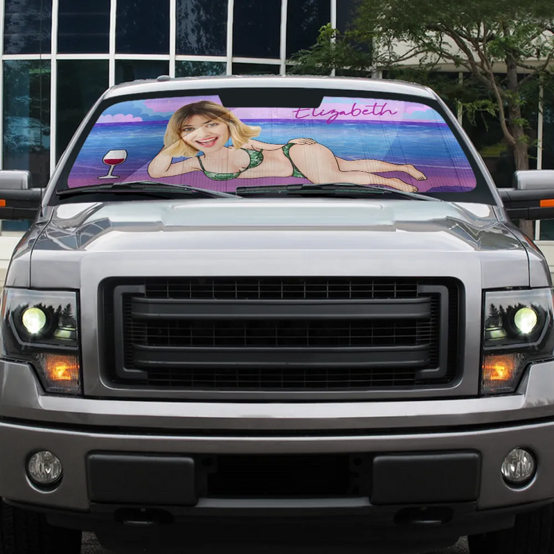 Gift For Yourself, Gift For Women, Gift For Men, Beach, Summer, Happy - Custom Photo Sexy Woman Man At The Beach - Personalized Auto Sunshade