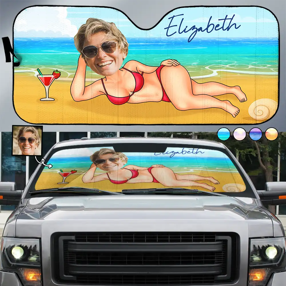 Gift For Yourself, Gift For Women, Gift For Men, Beach, Summer, Happy - Custom Photo Sexy Woman Man At The Beach - Personalized Auto Sunshade