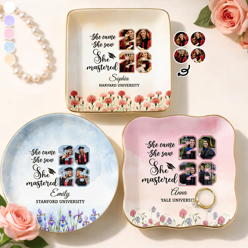 Graduation,Gift For Girlfriend,Gift For Bestie,Gift For Daughter,Happy - Custom Photo She Came She Saw She Mastered - Personalized Ring Dish