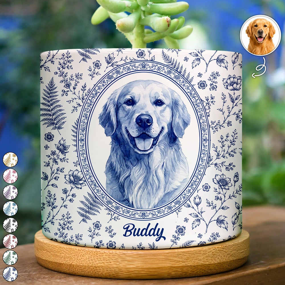 Top Market,Art Design,Pet Memorial,Cozy,Pet Lovers,Memorial,Photo - Porcelain Art Style - Custom Photo Single-Color Watercolor Dog Cat Pet Pet Portrait - Personalized Plant Pot