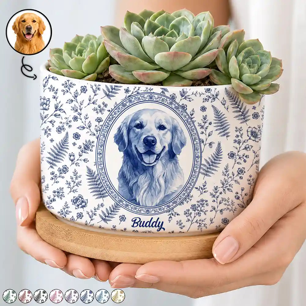Top Market,Art Design,Pet Memorial,Cozy,Pet Lovers,Memorial,Photo - Porcelain Art Style - Custom Photo Single-Color Watercolor Dog Cat Pet Pet Portrait - Personalized Plant Pot
