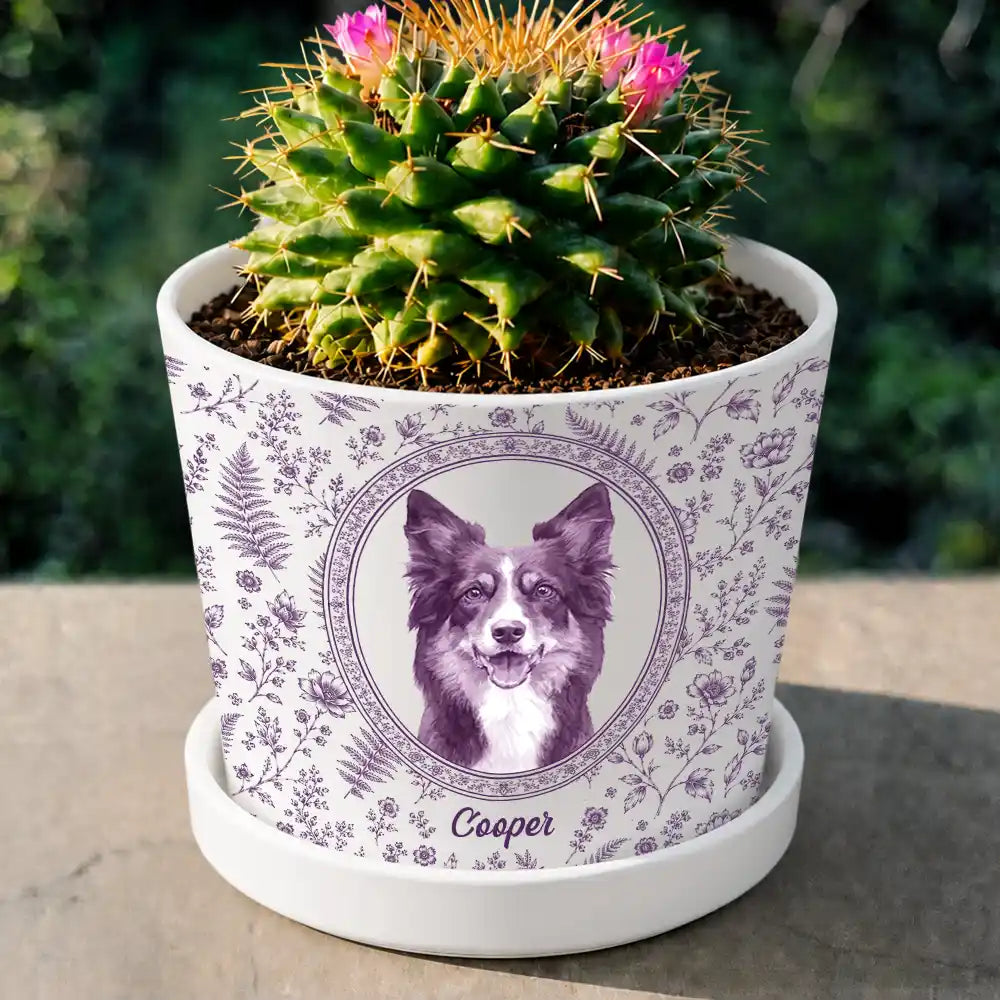 Top Market,Art Design,Pet Memorial,Cozy,Pet Lovers,Memorial,Photo - Porcelain Art Style - Custom Photo Single-Color Watercolor Dog Cat Pet Pet Portrait - Personalized Plant Pot