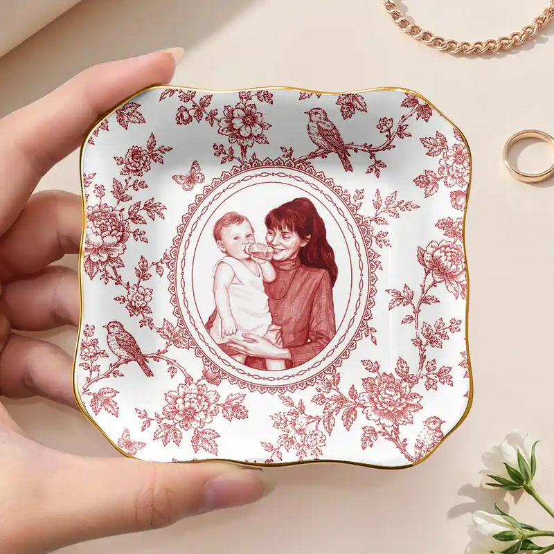Art Design,Gift For Children,Gift For Mother,Mom - Daughter (Adult),Gift For Daughter,Photo - Porcelain Art Style,Happy - Custom Photo Single-Color Watercolor Mother Daughter Dog Cat Family - Personalized Ring Dish