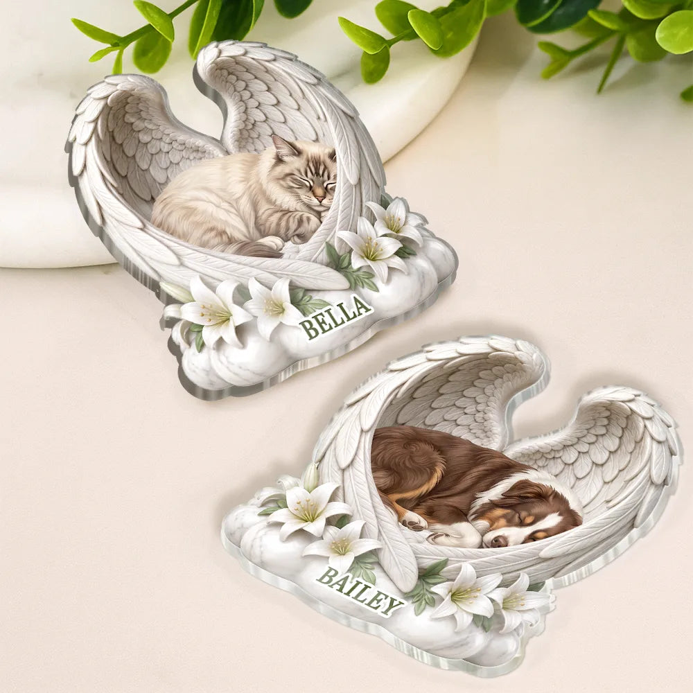 Art Design,Sentimental,Pet Lovers,Photo - Sleeping Dog Cat Baby - Custom Photo Sleeping Angel Dog Cat Angel Wings Memorial - Personalized Acrylic Magnet