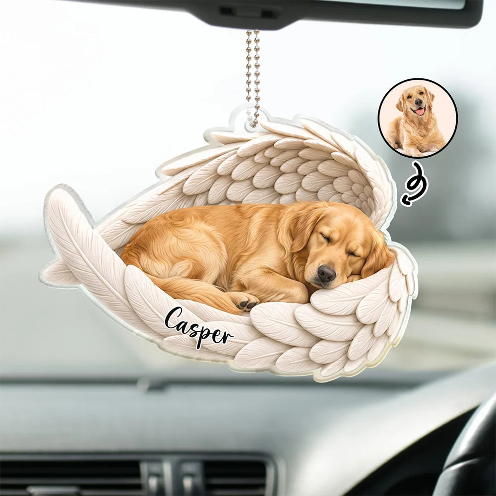 Art Design,Healing,Christmas,Pet Memorial,Pet Lovers,Memorial,Photo - Sleeping Pet Angle Wing - Custom Photo Sleeping Angel Remembrance Memorial Dog Cat Pet - Personalized Acrylic Car Hanger
