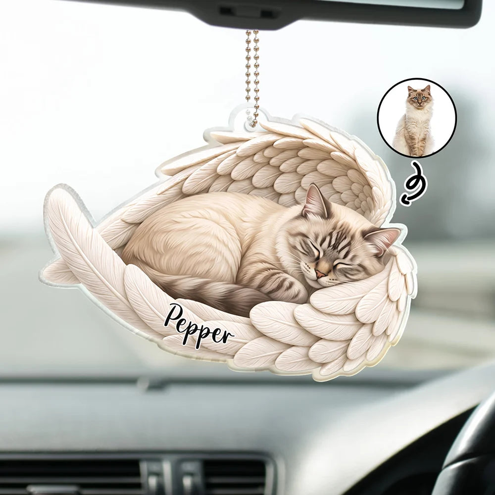 Art Design,Healing,Christmas,Pet Memorial,Pet Lovers,Memorial,Photo - Sleeping Pet Angle Wing - Custom Photo Sleeping Angel Remembrance Memorial Dog Cat Pet - Personalized Acrylic Car Hanger