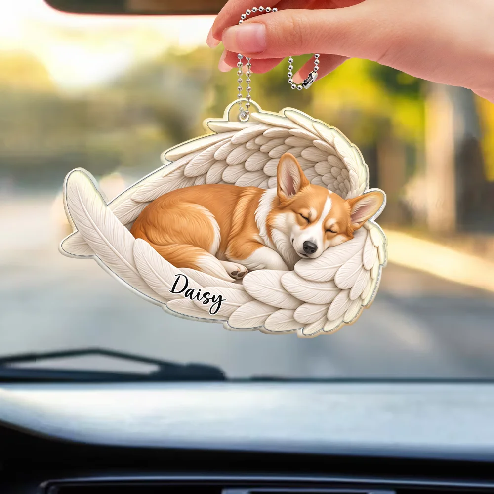 Art Design,Healing,Christmas,Pet Memorial,Pet Lovers,Memorial,Photo - Sleeping Pet Angle Wing - Custom Photo Sleeping Angel Remembrance Memorial Dog Cat Pet - Personalized Acrylic Car Hanger