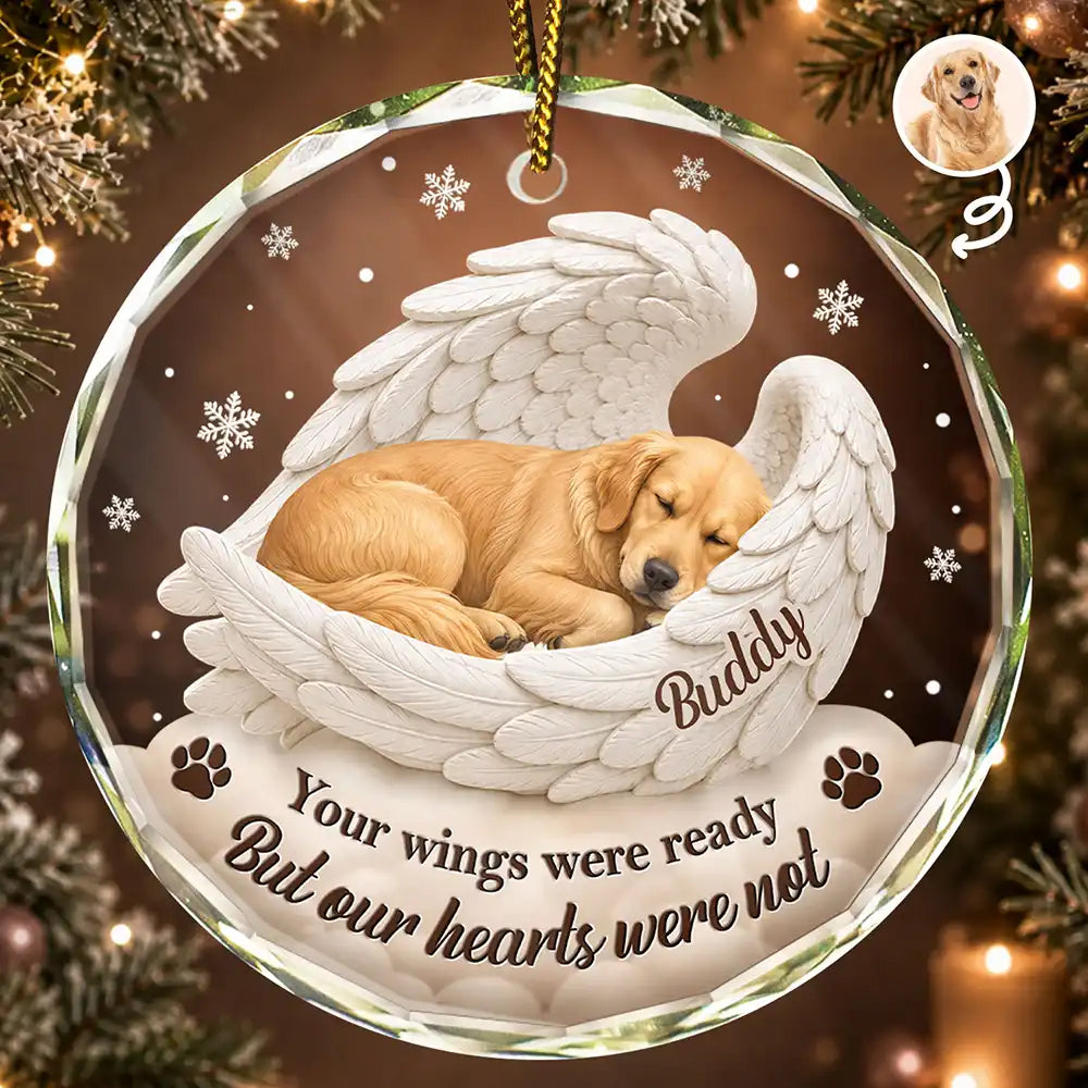 Custom Photo Sleeping Angel Your Wings Were Ready Dog Pet Lovers Memorial - Personalized Circle Glass Ornament