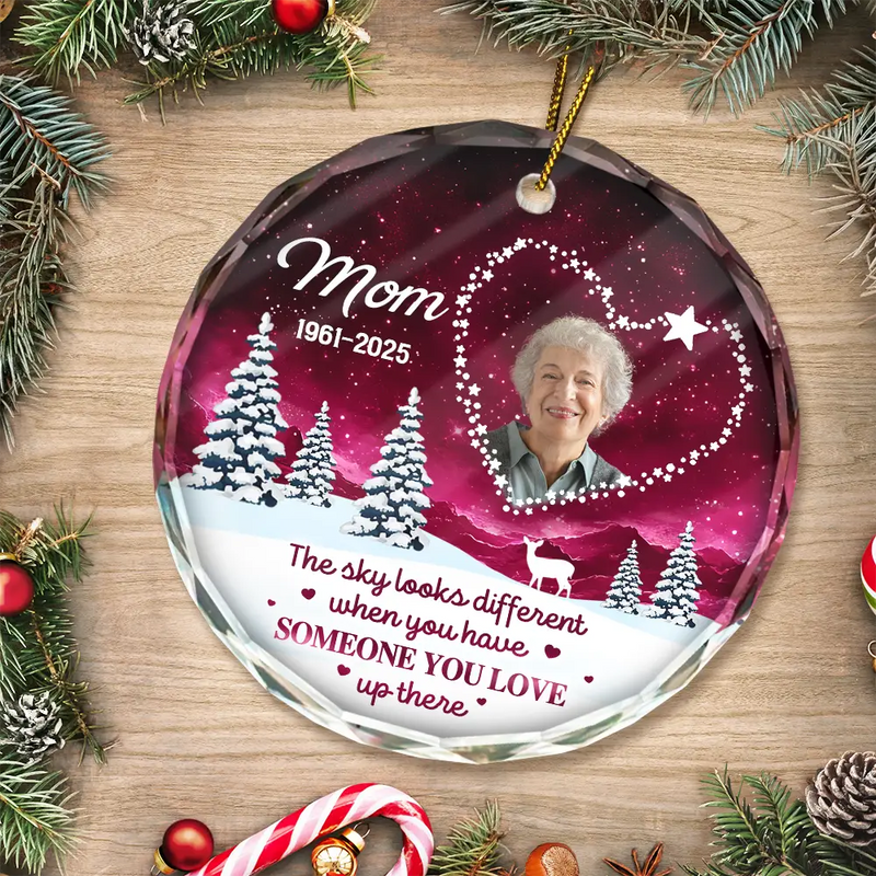 Gift For Yourself, Gift For Women, Gift For Men, Memorial, Dog Lovers, Pet Lovers, Cat Lovers, Sad, Christmas - Custom Photo Someone You Love Up There - Personalized Circle Glass Ornament