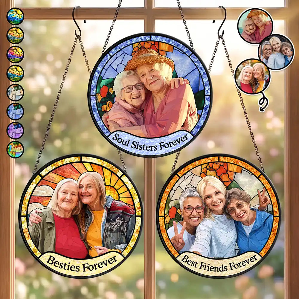 Art Design,Gift For Bestie,Christmas,Photo - Stained Glass,Happy - Custom Photo Stained Glass Besties Keepsake Best Friends Forever - Personalized Stained Glass Window Hanging Suncatcher