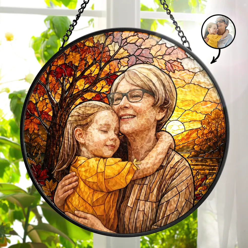Custom Photo Stained Glass Couple Grandma Pet Family Autumn - Personalized Stained Glass Window Hanging Suncatcher
