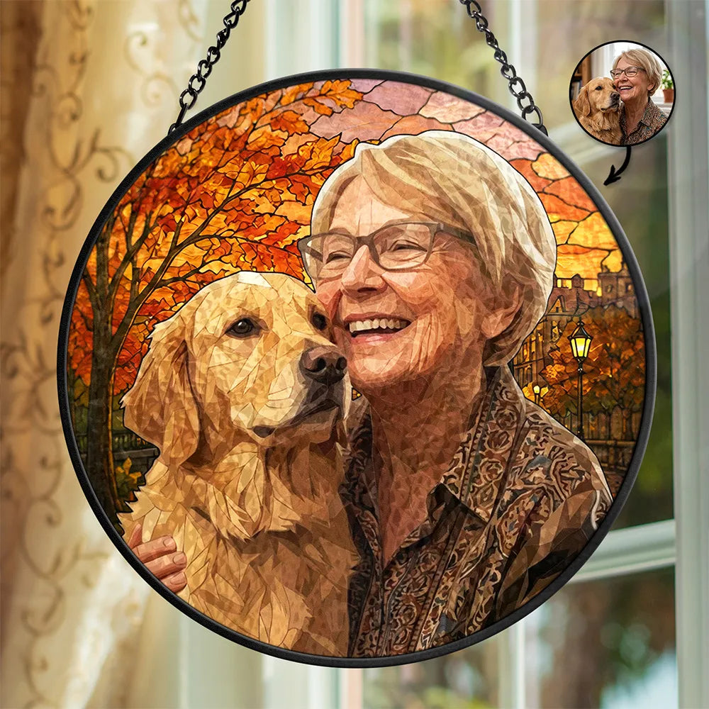 Custom Photo Stained Glass Pet Lovers Gift Autumn - Personalized Stained Glass Window Hanging Suncatcher